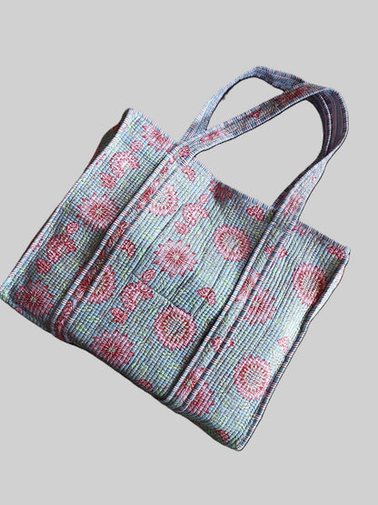 GREY & PINK QUILTED TOTE BAG