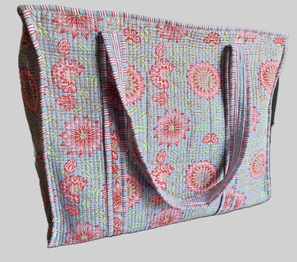 GREY & PINK QUILTED TOTE BAG