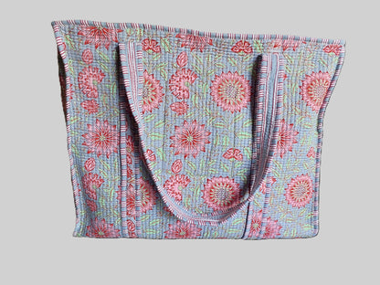 GREY & PINK QUILTED TOTE BAG