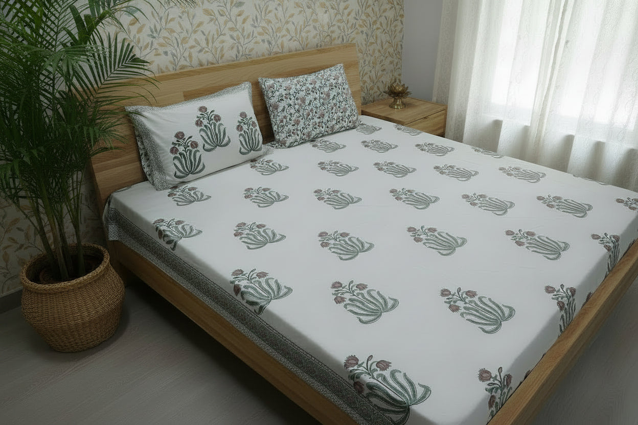LOTUS HAND BLOCK PRINTED KING COTTON BEDSHEET SET