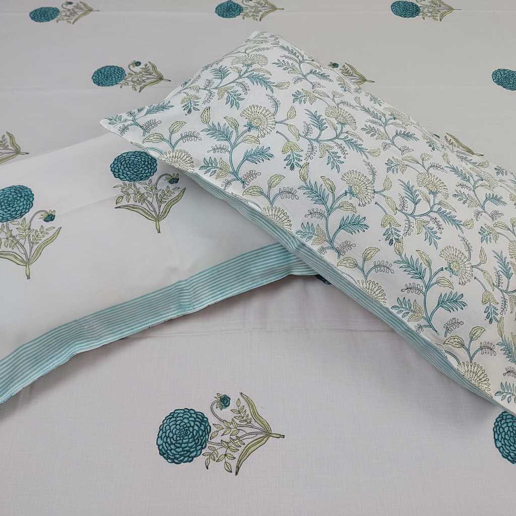 WHITE & TURQUOISE BLUE HAND BLOCK PRINTED COTTON KING BEDSHEET