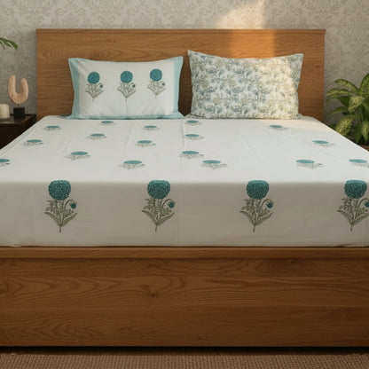 WHITE & TURQUOISE BLUE HAND BLOCK PRINTED COTTON KING BEDSHEET