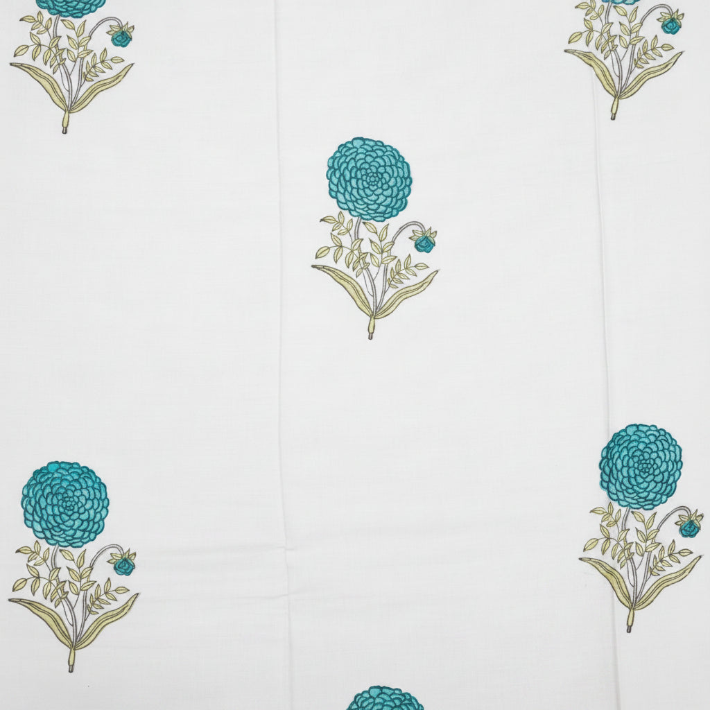 WHITE & TURQUOISE BLUE HAND BLOCK PRINTED COTTON KING BEDSHEET