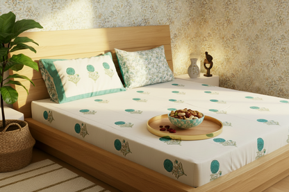 WHITE & TURQUOISE BLUE HAND BLOCK PRINTED COTTON KING BEDSHEET