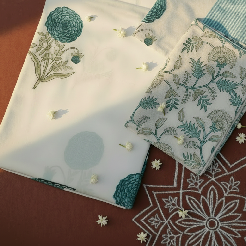 WHITE & TURQUOISE BLUE HAND BLOCK PRINTED COTTON KING BEDSHEET