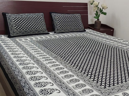 BLACK & WHITE BLOCK PRINTED COTTON QUEEN BEDSHEET