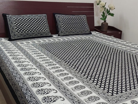BLACK & WHITE BLOCK PRINTED COTTON QUEEN BEDSHEET