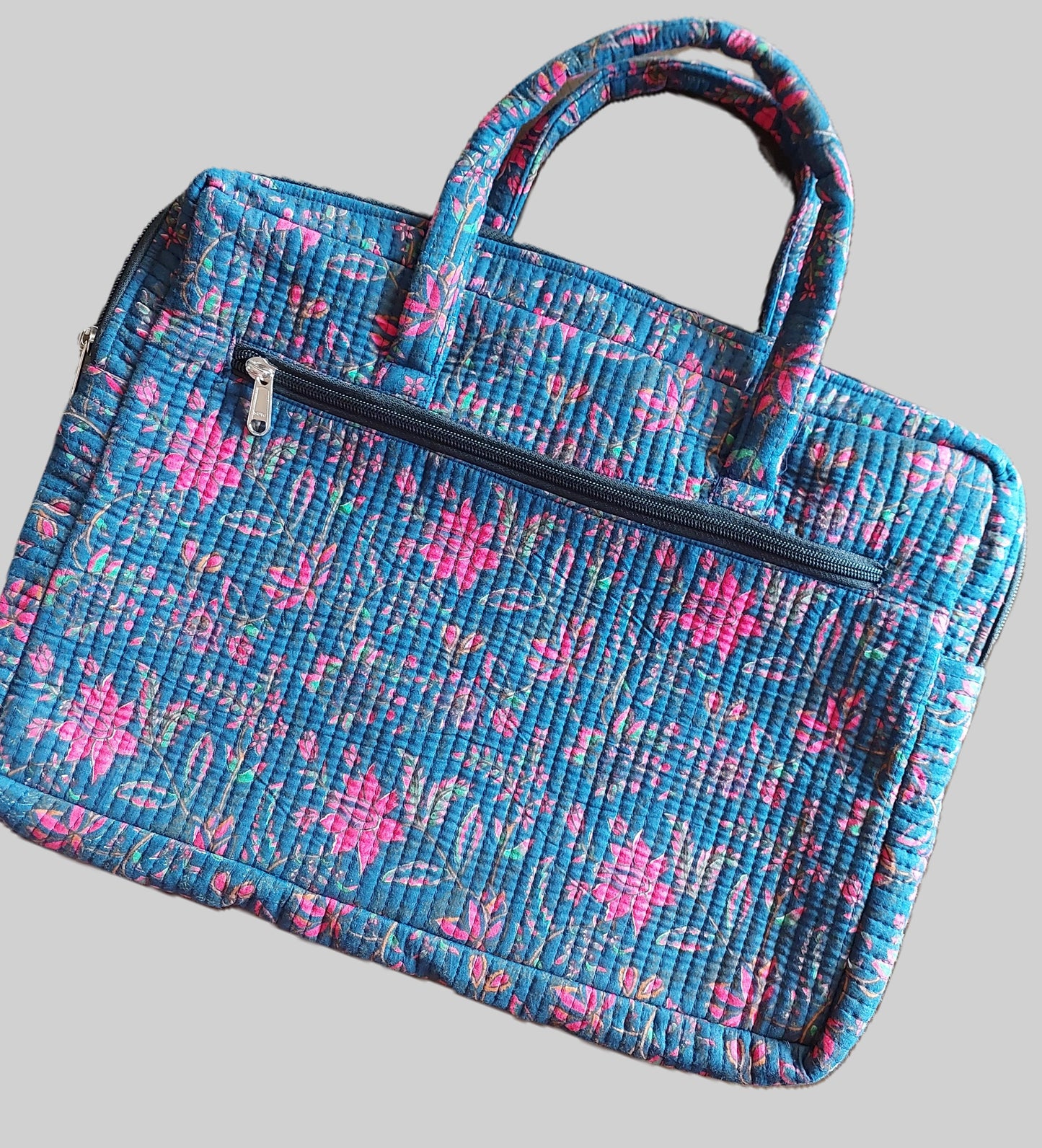 NAVY BLUE & PINK BLOCK PRINTED LAPTOP BAG
