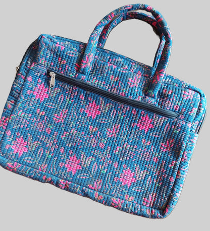 NAVY BLUE & PINK BLOCK PRINTED LAPTOP BAG