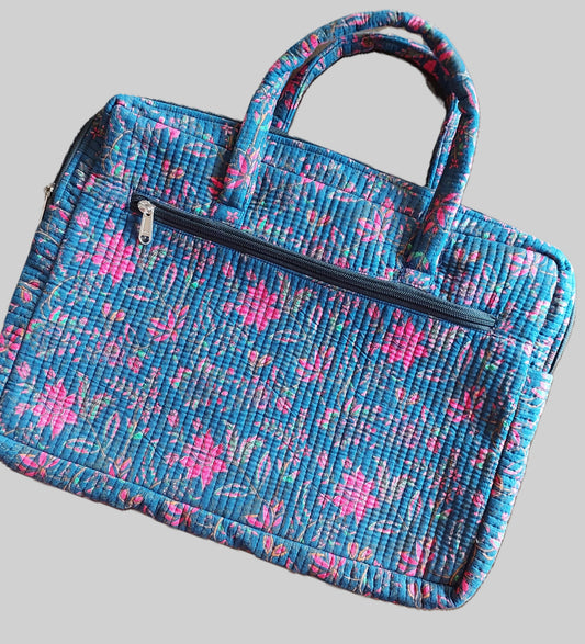 NAVY BLUE & PINK BLOCK PRINTED LAPTOP BAG