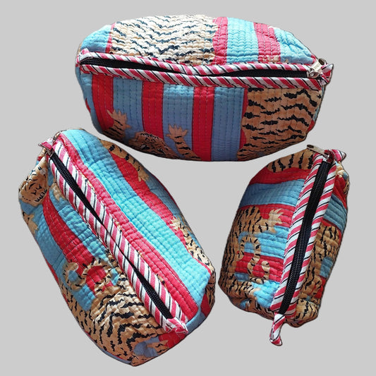 RED &  BLUE QUILTED VANITY POUCHES ( SET OF 3 )