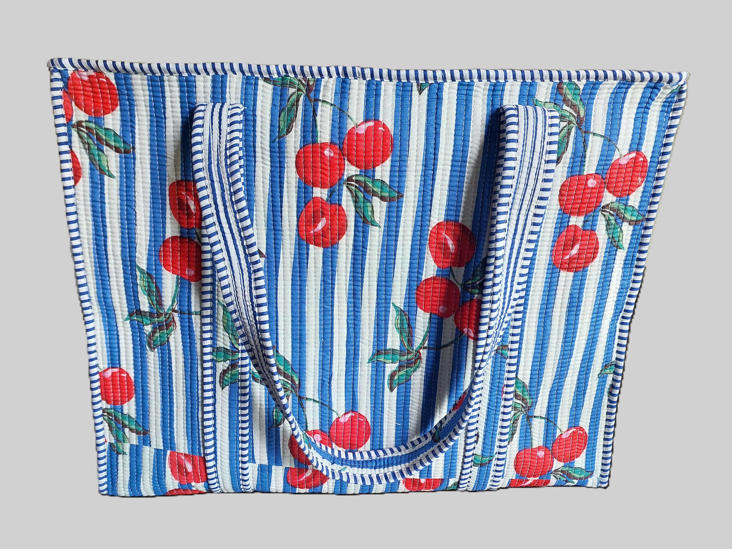 BLUE & WHITE STRIPED QUILTED TOTE BAG