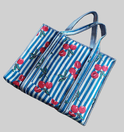 BLUE & WHITE STRIPED QUILTED TOTE BAG