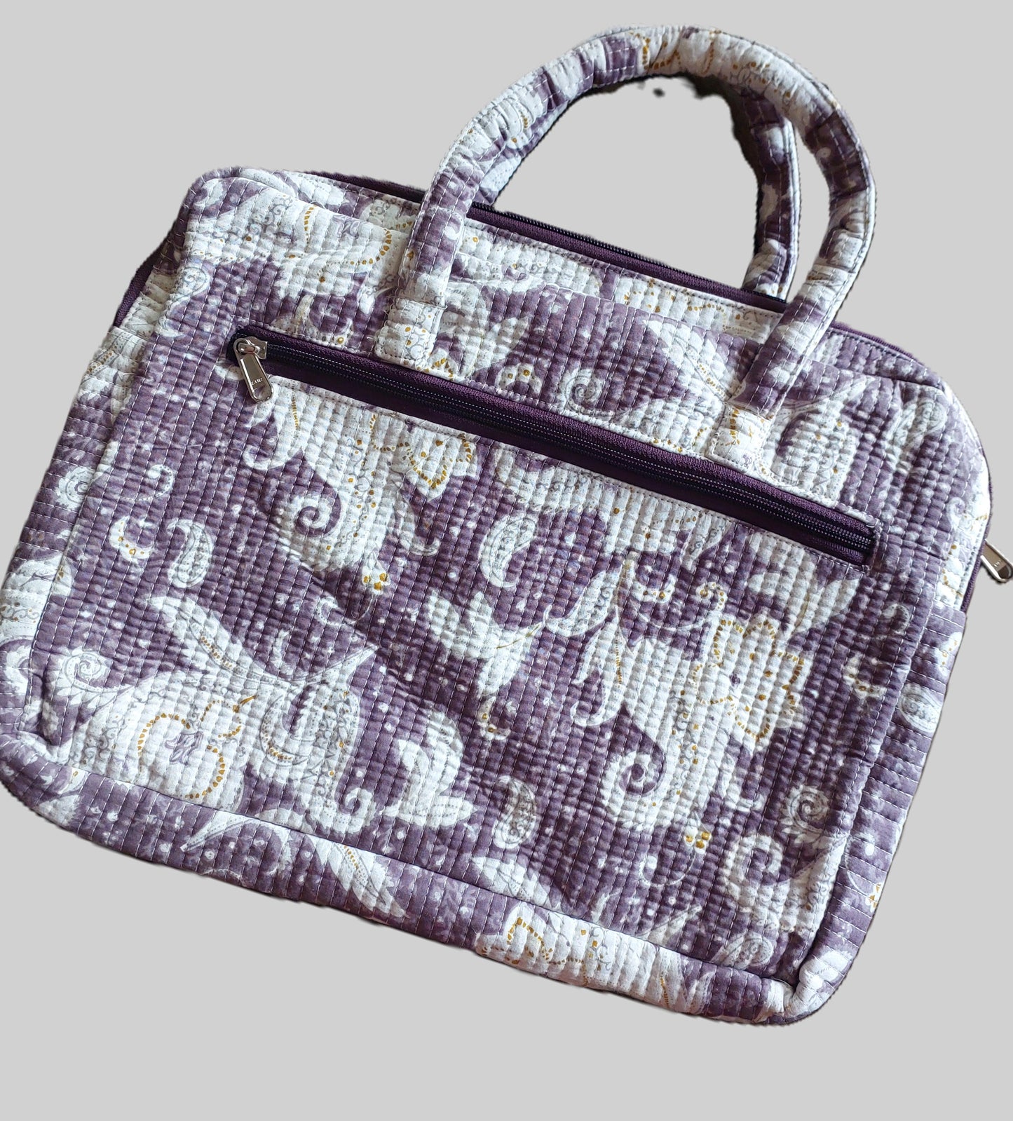 WHITE & BEIGE BLOCK PRINTED LAPTOP BAG