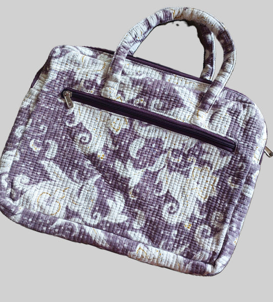 WHITE & BEIGE BLOCK PRINTED LAPTOP BAG